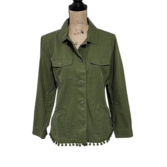Talbots Olive Green Pom Pom Trim Button Down Utility Jacket Military Style Med - Picture 1 of 7